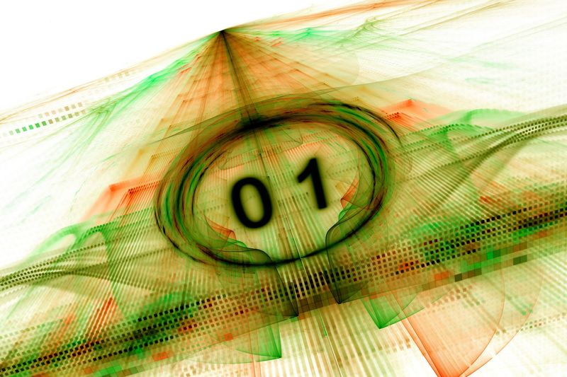 aan inverted colour concept for a qubit showing a 0 and a 1 in a bubble over a information highway concept made of cubes and lines