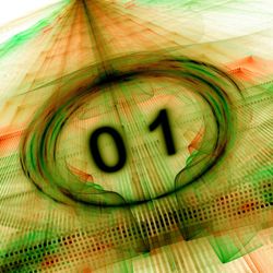 aan inverted colour concept for a qubit showing a 0 and a 1 in a bubble over a information highway concept made of cubes and lines