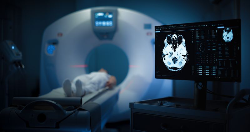 A photo showing a woman entering an MRI machine. She is laying out on a platform while wearing a hospital gown and he head is position just in front of the space for the scanner. This part of the photo is blurred. In the foreground, a screen shows a scan of a portion of her brain. 
