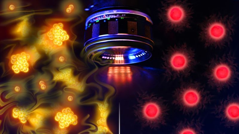 Artist impression of two atomic gases one with atoms in little groups and the other with atoms by themselves in the middle a camera like device.