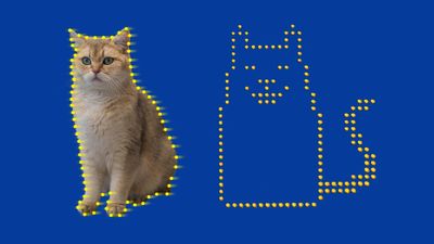 A regular cat and a cat design made of just atoms next to each other.