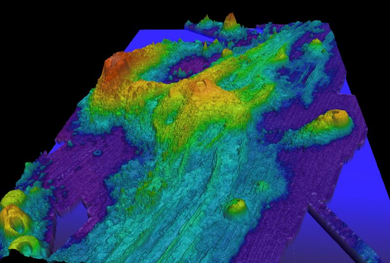 Exaggerated swatch bathymetry of Axial Seamount on the Juan de Fuca Ridge, approximately 480 kilometers (298 miles) west of Cannon Beach, Oregon.