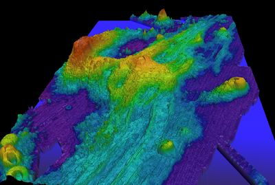 Exaggerated swatch bathymetry of Axial Seamount on the Juan de Fuca Ridge, approximately 480 kilometers (298 miles) west of Cannon Beach, Oregon.
