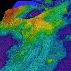 Exaggerated swatch bathymetry of Axial Seamount on the Juan de Fuca Ridge, approximately 480 kilometers (298 miles) west of Cannon Beach, Oregon.