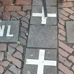 White crosses mark the international border of Baarle. On the left, we see the Netherlands, and on the right, it’s Belgium. 