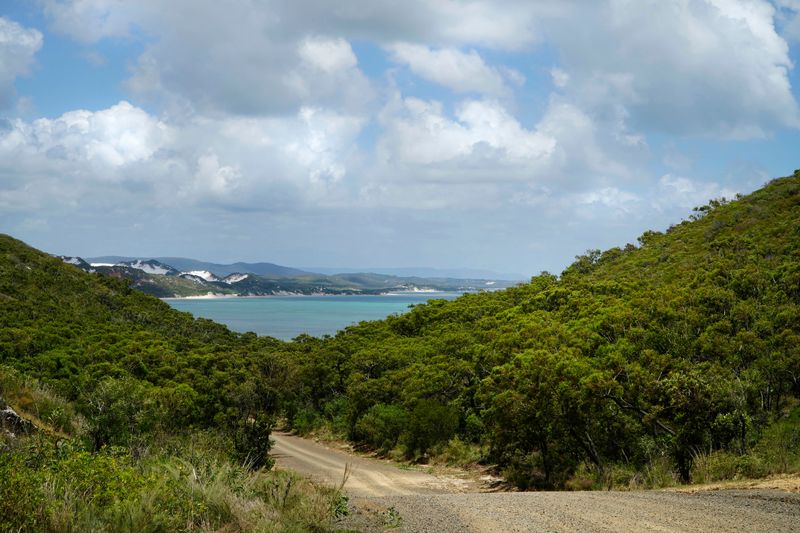 photograph of a gravelly road with bushes on either side, the blue sea off the coast of Elim, Far North Queensland, can be seen in the distance