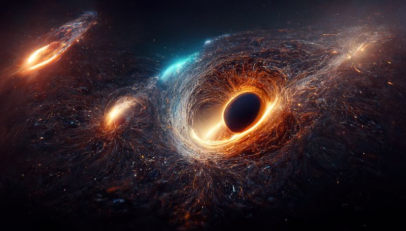 a 3D illustration of Three Merging Supermassive Black Holes being very chaotic warping space time