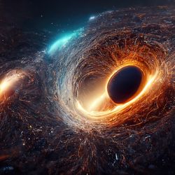 a 3D illustration of Three Merging Supermassive Black Holes being very chaotic warping space time