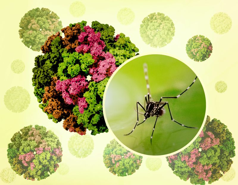 Chikungunya virus particles in shades of green and pink, with a circular cutout showing an Aedes mosquito on a green background