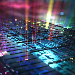 close up 3d rendering of a silicon wafer, with multicolored beams of light coming out of it in a random pattern