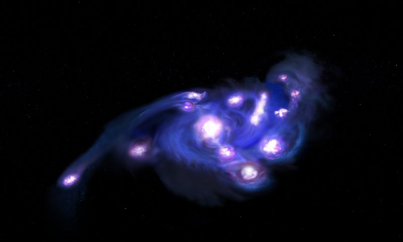 the artist impression show a spiral galaxy with sevel large bright clumps located across the arms