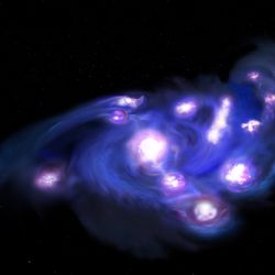 the artist impression show a spiral galaxy with sevel large bright clumps located across the arms