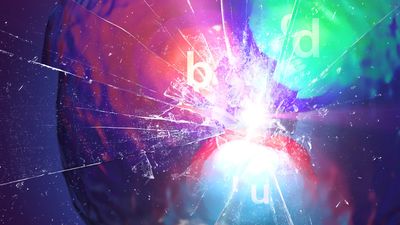 Artist's impression of a baryon made of three quarks, b,d, and u, being cracked like glass.