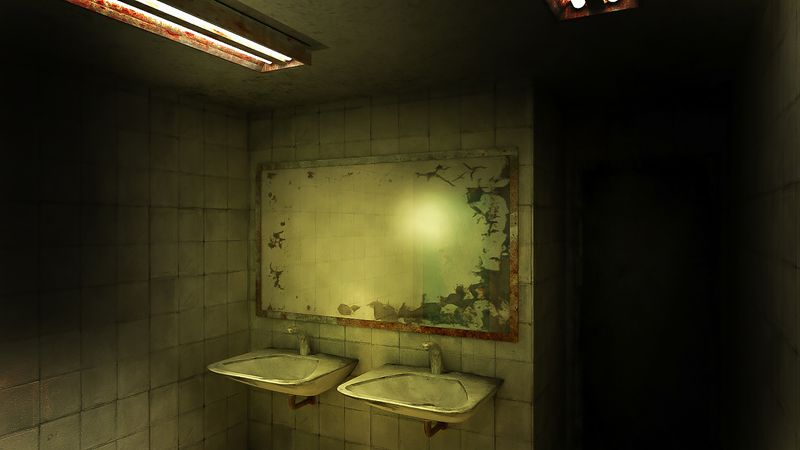 Creepy mirror in abandoned bathroom