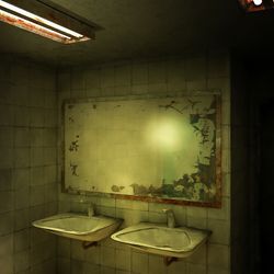 Creepy mirror in abandoned bathroom