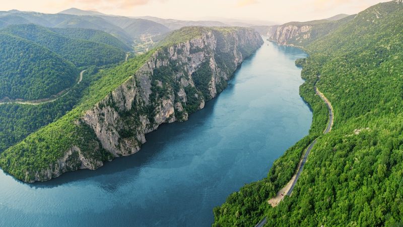 Aerial view of the Danube River flowing through the Iron Gate Gorge in Djerdap National Park, Serbia