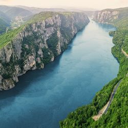 Aerial view of the Danube River flowing through the Iron Gate Gorge in Djerdap National Park, Serbia