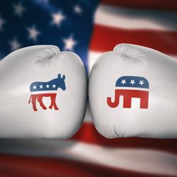 A photo shows two white boxing gloves pressed against one another. On the left is the symbol of the Democratic party as a donkey, while the glove on the right has an elephant for the Republicans. The two gloves are positioned in front of an American flag. 
