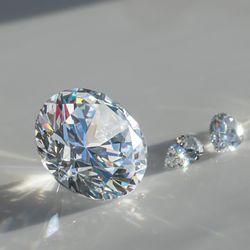 diagonal row of cut diamonds of different sizes, with a massive one first, on a pale background
