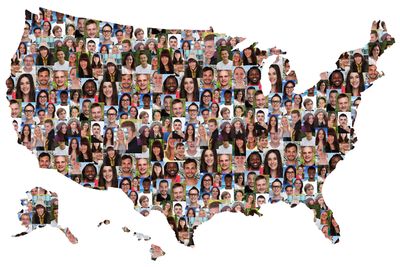 A map of the United States but the map has been filled with a collage of photos of different people of different ages and ethnic backgrounds. The map is set against a white backdrop.