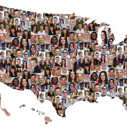 A map of the United States but the map has been filled with a collage of photos of different people of different ages and ethnic backgrounds. The map is set against a white backdrop.