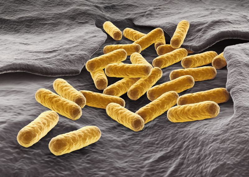 yellow rod-shaped e.coli on a textured grey background; 3D rendered image