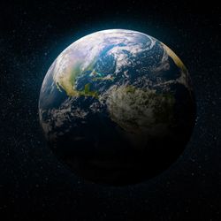 A view of Earth from space showing North and South America with clouds and sunlight visible, surrounded by a dark star-filled background.