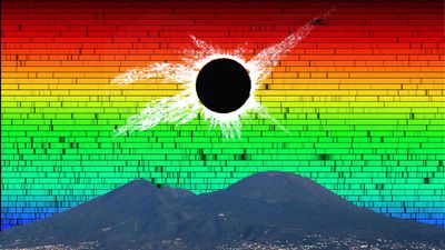 A rainbow filled with dark lines is in the background. That's the solar spectrum. In front there is a sketch of the eclipse and the silhoutte of mount vesuvius. 