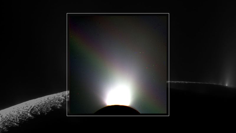 An image of the south pole of enceladus in shadow ith a geyser on the rim. Overalyed, a more distant image of the south pole with a wider view of the ice emission. A rainbow line is visible above the moon, from one side of the image to the next.