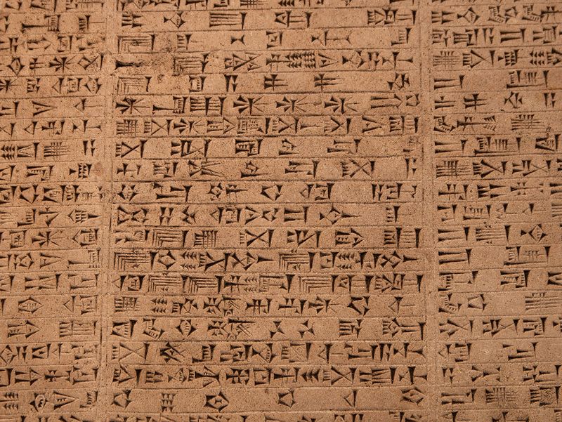 A close up photo showing cuneiform text on a tablet. The words are made up of different lines cut into the surface as various angles. The lines are often short and taper towards one end. 