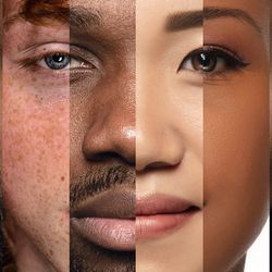 Human face made from different portrait of men and women of diverse age and race.