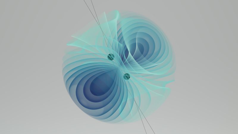 two black holes visualized as black dot interact, releasing peculiar wavesaround themselves. some concentric, some spiraling around.