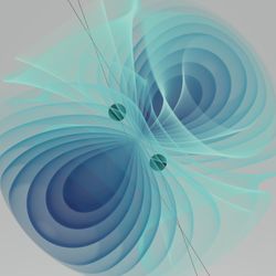 two black holes visualized as black dot interact, releasing peculiar wavesaround themselves. some concentric, some spiraling around.