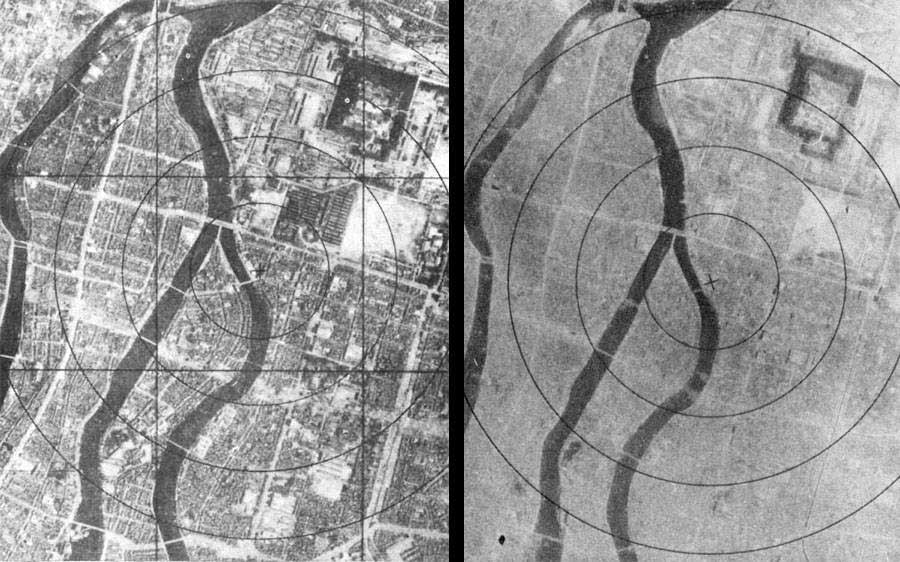 Two aerial photos looking down on the same part of the city before and after the explosion. The photo on the left shows a grid network of densely populated city buildings surrounding a forking river. In the next shot the grid system of the roads is just about visible but the buildings are missing.