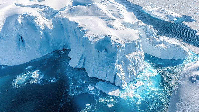 aerial view of large icebergs, surrounded by blue sea