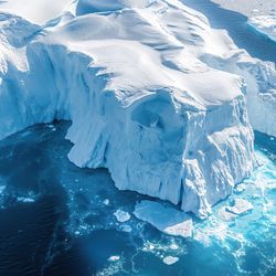 aerial view of large icebergs, surrounded by blue sea
