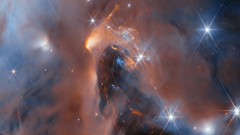 A nebula made up of cloudy gas and dust in the form of soft and wispy clouds and, in the centre, thin and highly detailed layers pressed close together. Large, bright stars surrounded by six long points of light are dotted over the image, as well as some small, point-like stars embedded in the clouds. The clouds are lit up in blue close to the stars; orange colours show clouds that glow in infrared light.