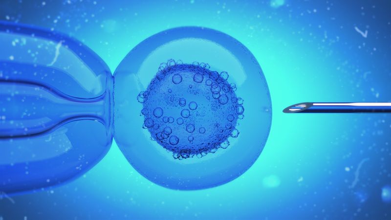 3D Illustration of a DNA filled liquid being injected into an egg cell nucleus
