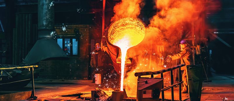 Molten Iron in a factory with a man working hard to keep it running straight.