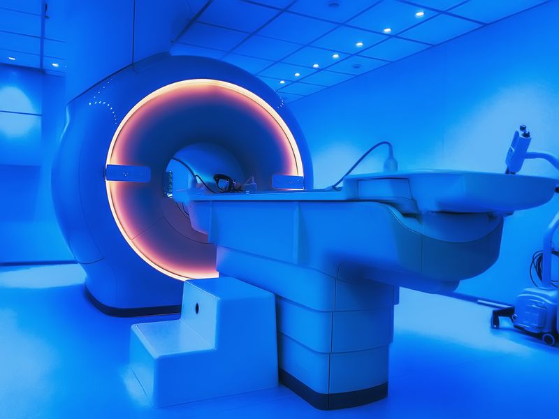 MRI machine; the image is toned blue with the magnetic coil glowing orange
