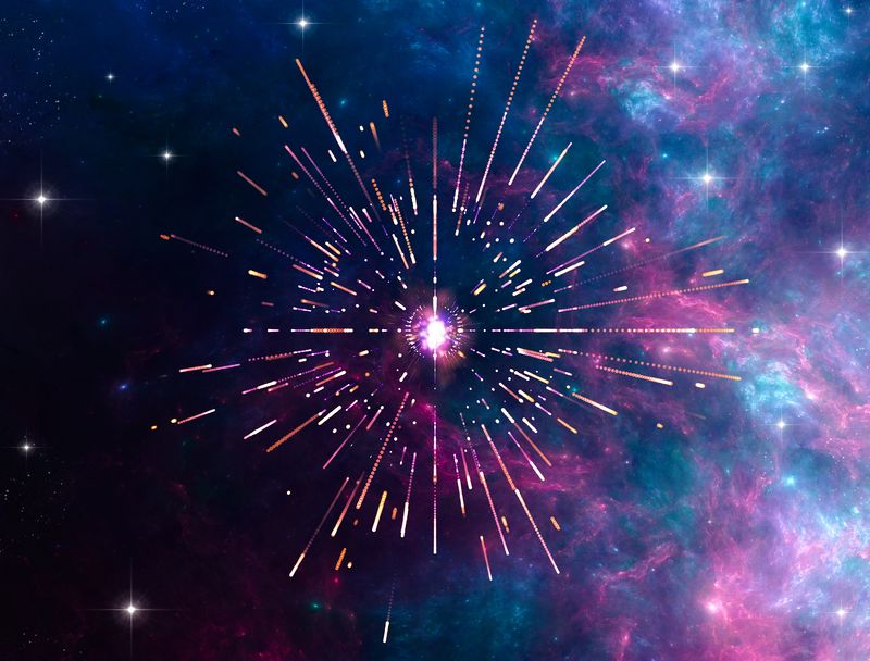 artist impression of a supernova relesing energy as neutrino. streaks of light representing the particles move out from a bright dot in a nebula
