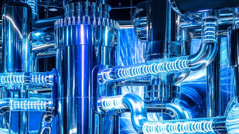 A series of tubes with light spiralling inside connect to a large chrome cylinder.