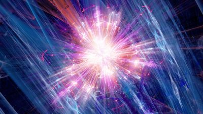 artist impression of particle collisions with a bright light in the middle and many strands of light spreading