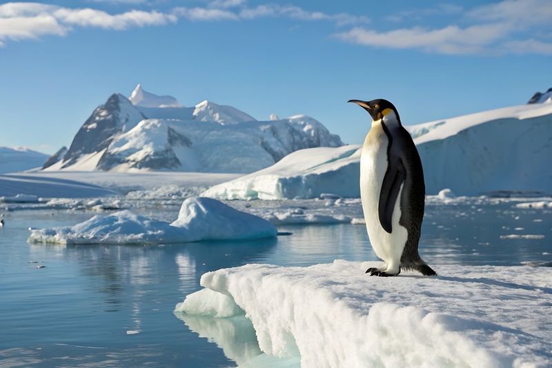 A penguin gazing in to the distance on some Antarctic ice as if waiting for its husband to come back from war. 