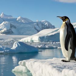 A penguin gazing in to the distance on some Antarctic ice as if waiting for its husband to come back from war. 