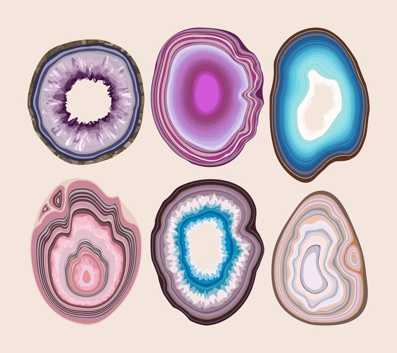 Pink, blue, and purple geode slices