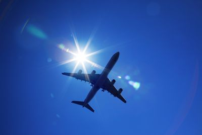 A plane is flying in the sky, viewed from below, with a light glint as passes the sun.