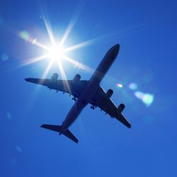 A plane is flying in the sky, viewed from below, with a light glint as passes the sun.