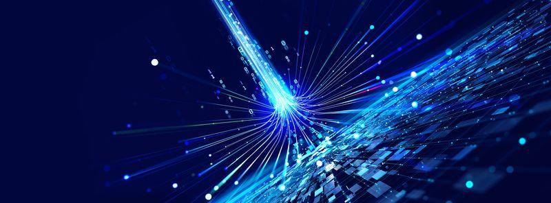 Futuristic data stream 3d illustration showing lines of light curving in a cable formation around a plane of floating squares