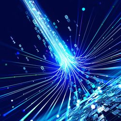 Futuristic data stream 3d illustration showing lines of light curving in a cable formation around a plane of floating squares